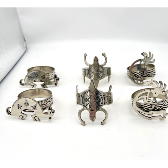 Set Of 6 Southwest Metal Napkin Rings Rabbit Turtle Kokopelli Designs - Picture 5 of 5